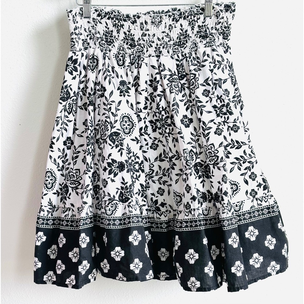 TRACY EVANS Black & White Bandana Floral Cotton A-Line Skirt Women's Large